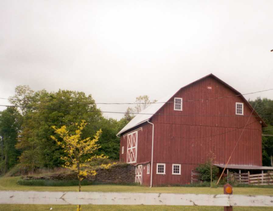 Gable end view of a 3 level basement barn with many windows.